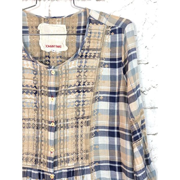 JOHNNY WAS 3J WORKSHOP Embroidered Plaid Tunic Boho Cottage Country Small - Picture 2 of 7